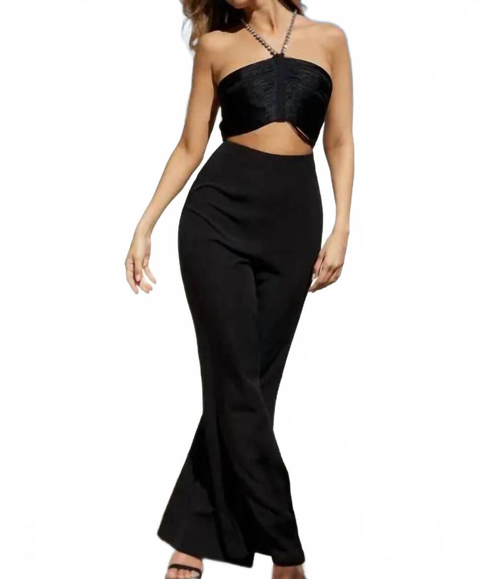 NEW EB LUXE jewel fringe jumpsuit in black